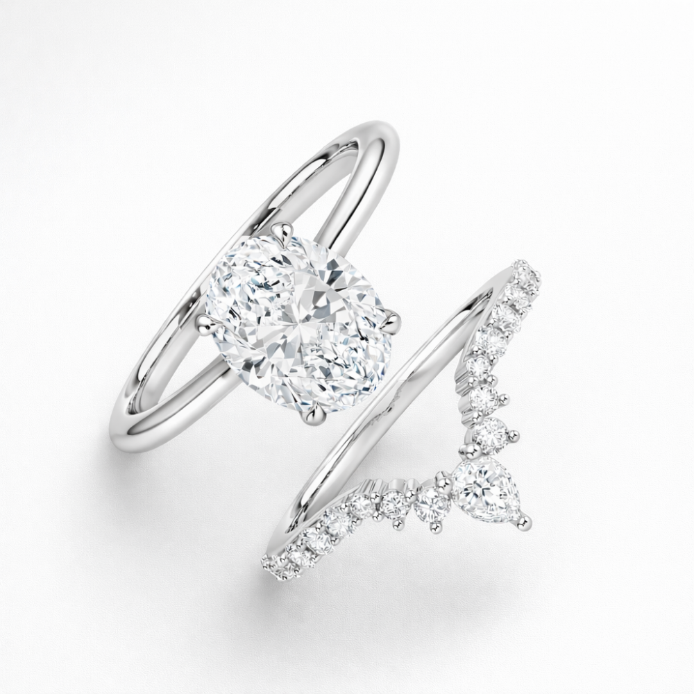 18K Solid Gold Oval Lab Grown Diamond Hidden Halo Ring Set