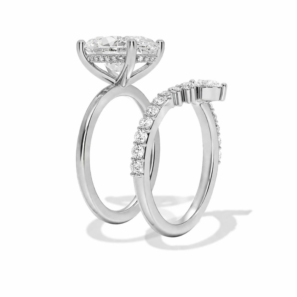18K Solid Gold Oval Lab Grown Diamond Hidden Halo Ring Set