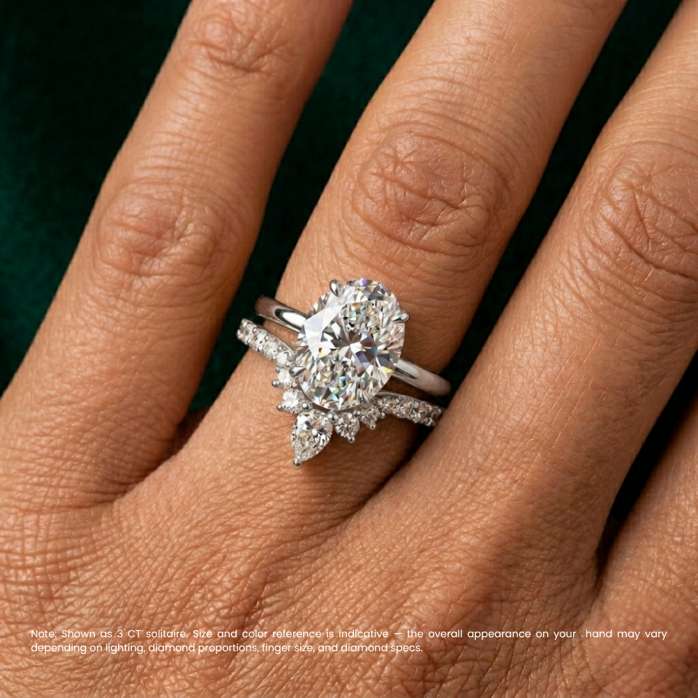 18K Solid Gold Oval Lab Grown Diamond Hidden Halo Ring Set