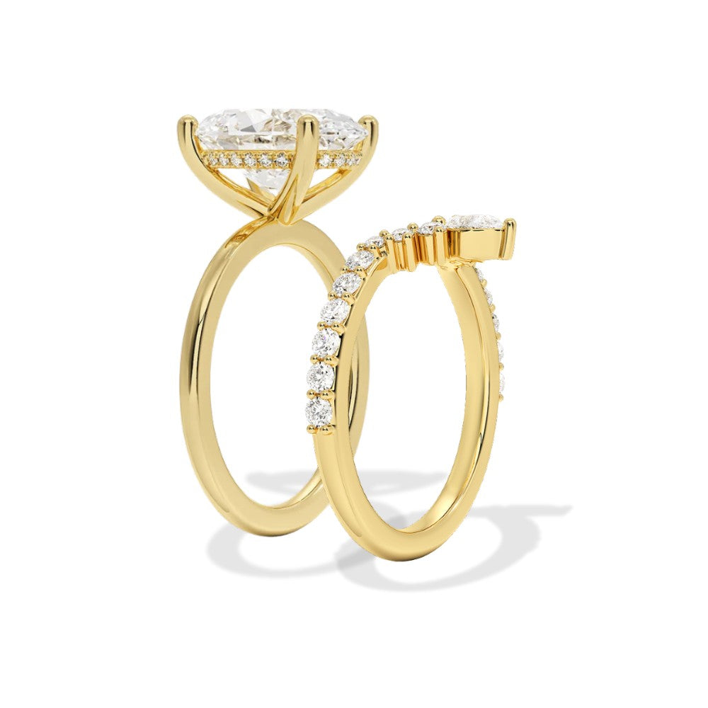 18K Solid Gold Oval Lab Grown Diamond Hidden Halo Ring Set
