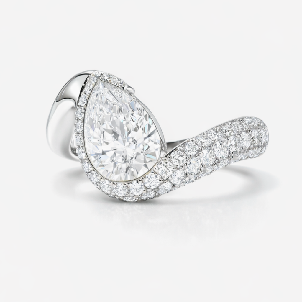 18K Solid Gold Pantera Eye Pear Pavé Lab Diamond Ring
