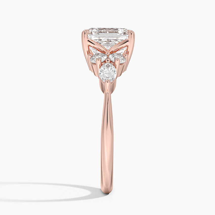 Rosea Accents (Marquise and Round Side Stones) Lab Diamond Ring in 18K Gold - Asscher