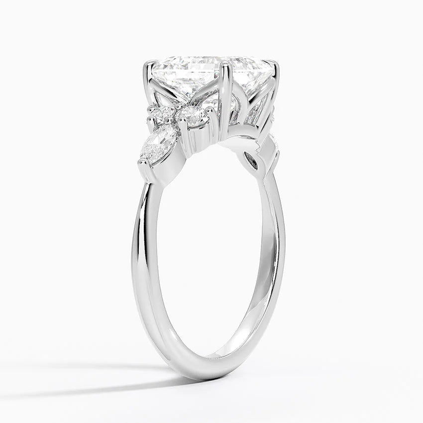 Rosea Accents (Marquise and Round Side Stones) Lab Diamond Ring in 18K Gold - Asscher