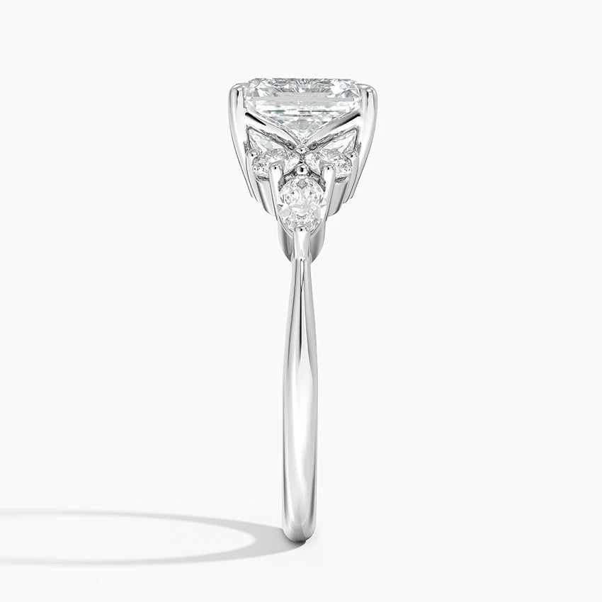 Rosea Accents (Marquise and Round Side Stones) Lab Diamond Ring in 18K Gold - Asscher