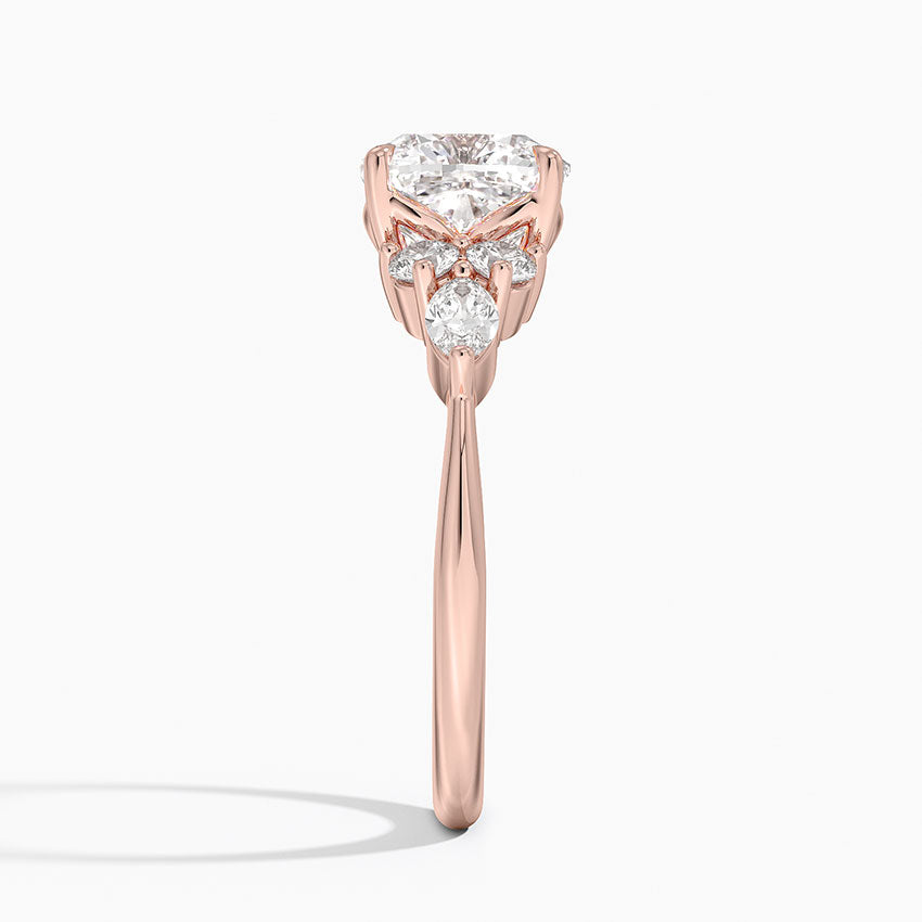 Rosea Accents (Marquise and Round Side Stones) Lab Diamond Ring in 18K Gold - Cushion