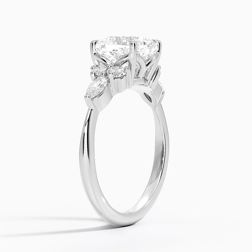 Rosea Accents (Marquise and Round Side Stones) Lab Diamond Ring in 18K Gold - Cushion