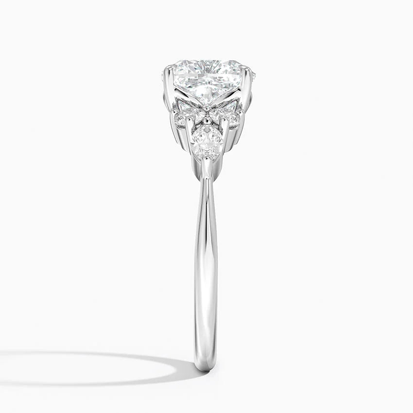 Rosea Accents (Marquise and Round Side Stones) Lab Diamond Ring in 18K Gold - Cushion