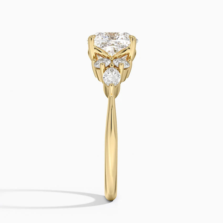 Rosea Accents (Marquise and Round Side Stones) Lab Diamond Ring in 18K Gold - Cushion