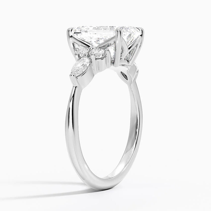 Rosea Accents (Marquise and Round Side Stones) Lab Diamond Ring in 18K Gold - Emerald