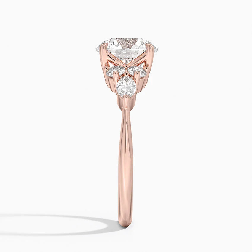 Rosea Accents (Marquise and Round Side Stones) Lab Diamond Ring in 18K Gold - Round