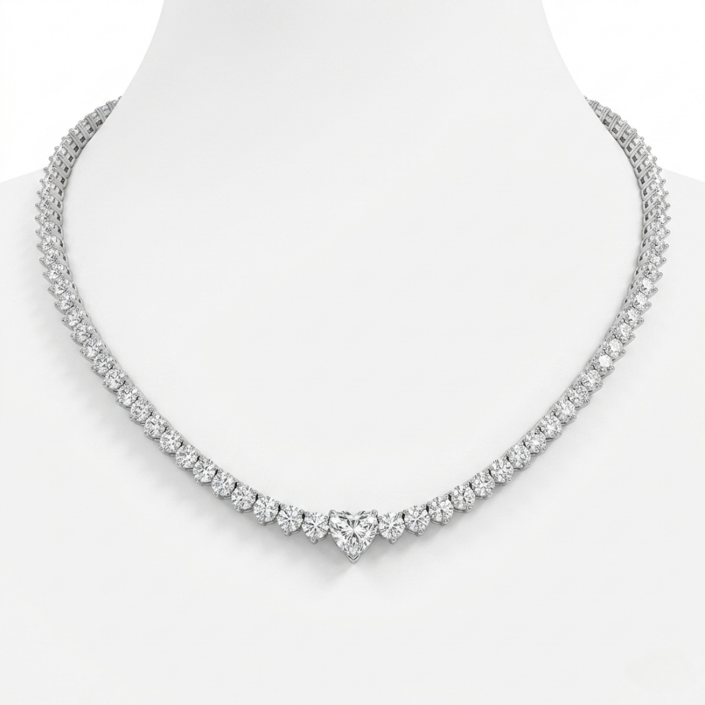 Tennis Riviera Lab Diamond (13 ct.) Necklace (16 in.) with Heart Center Diamond in 18K White Gold