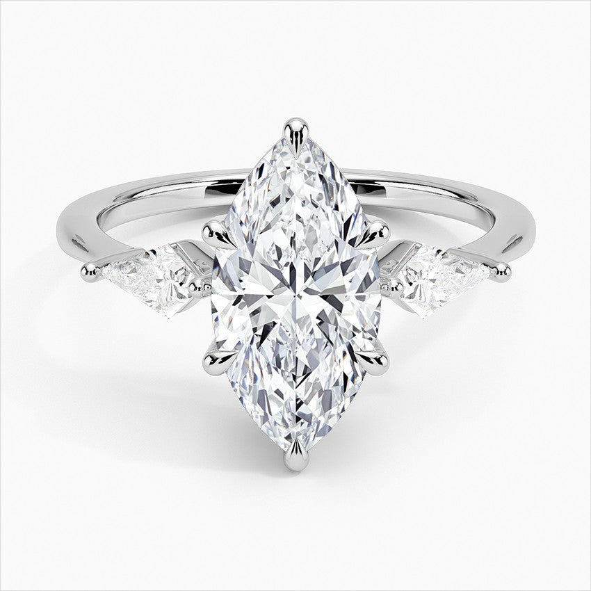 Marquise Cut Three-Stone Engagement Ring with Kite Side Accents in Solid Gold