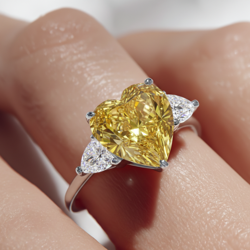 18K Solid Gold Fancy Color Heart Pear Trilogy Lab Diamond Ring
