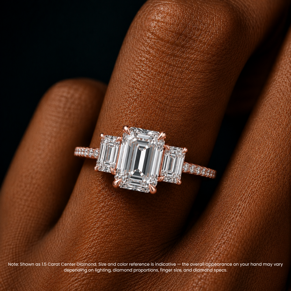 18K Solid Gold Emerald Trilogy Pavé Lab Diamond Ring