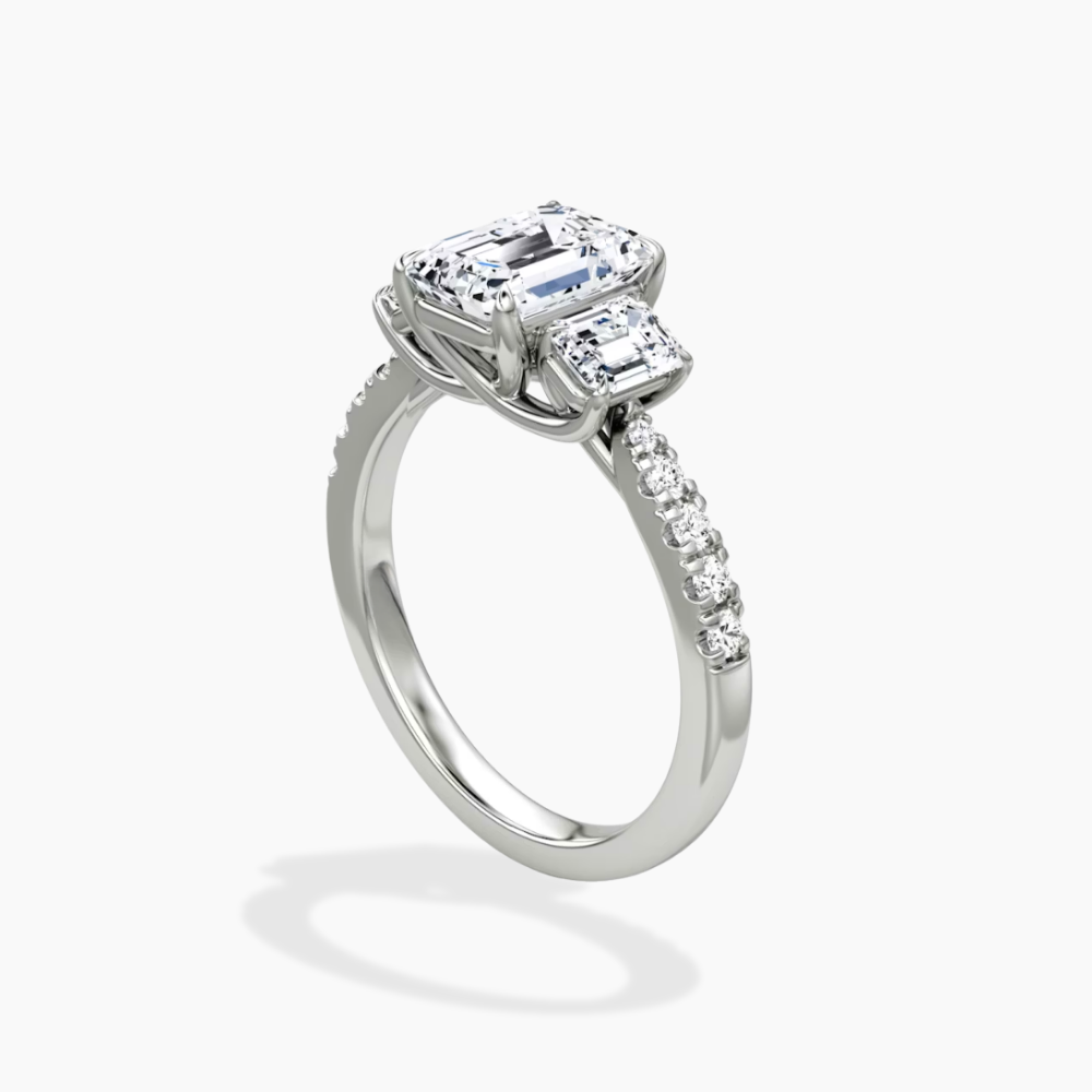 18K Solid Gold Emerald Trilogy Pavé Lab Diamond Ring