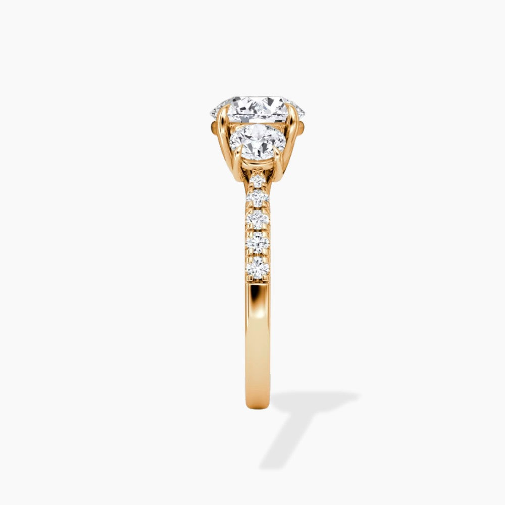 Round Cut Three-Stone Pavé Engagement Ring in Solid Gold⁠