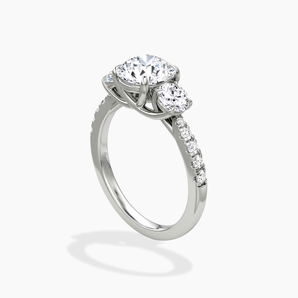 Round Cut Three-Stone Pavé Engagement Ring in Solid Gold⁠