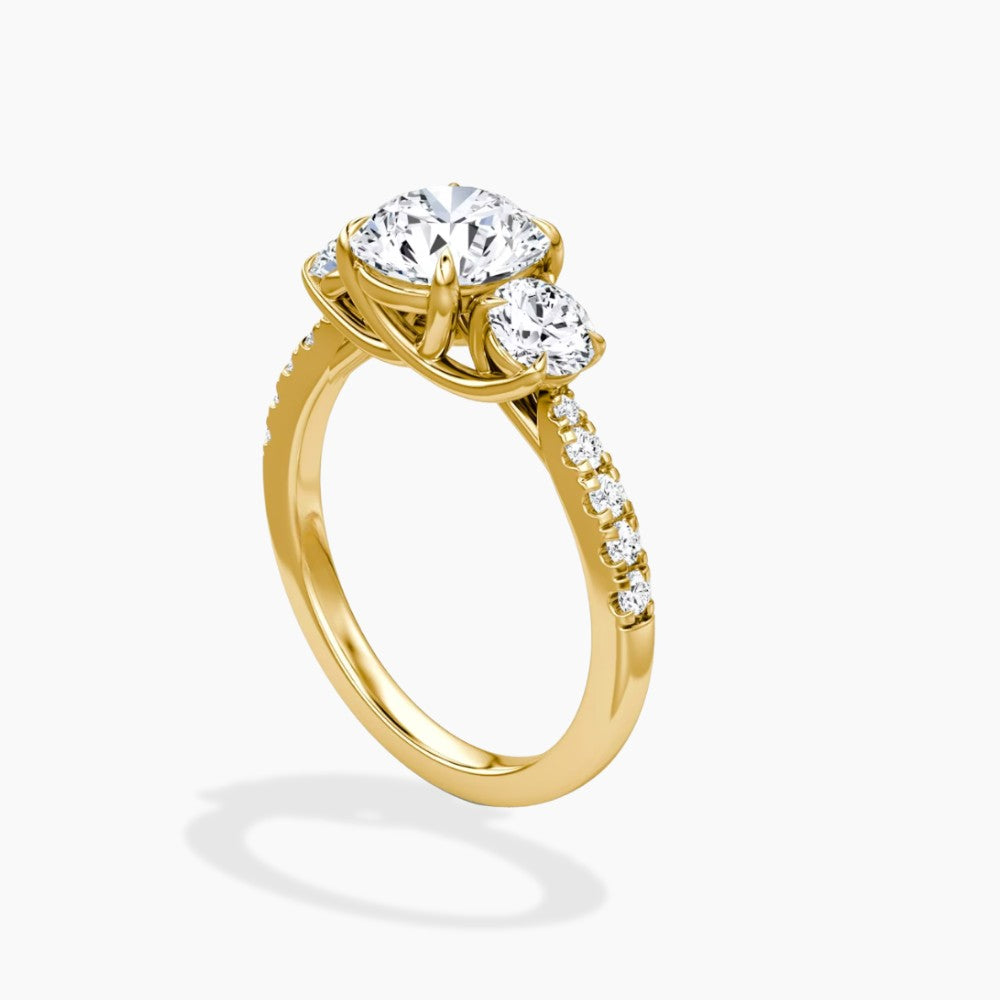 Round Cut Three-Stone Pavé Engagement Ring in Solid Gold⁠