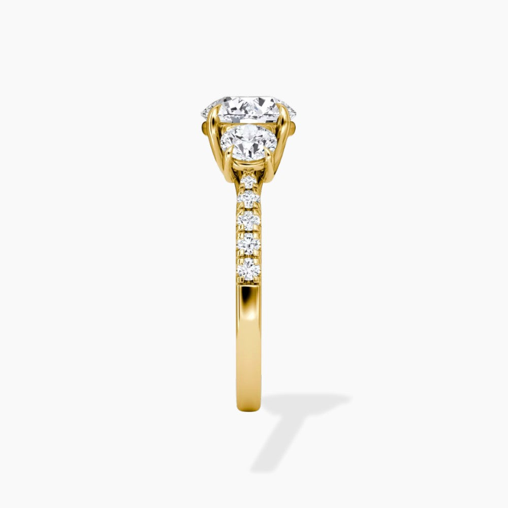Round Cut Three-Stone Pavé Engagement Ring in Solid Gold⁠