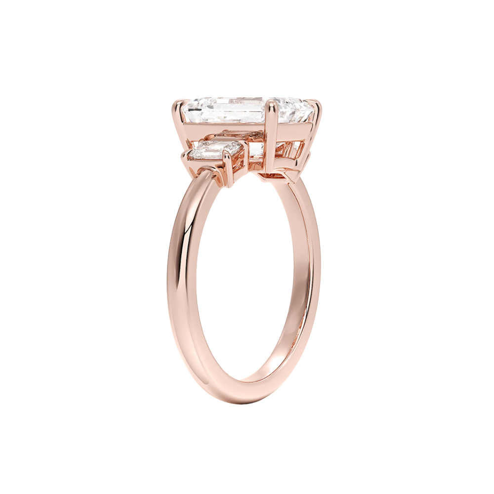 18K Solid Gold Emerald Trilogy Lab Diamond Engagement Ring