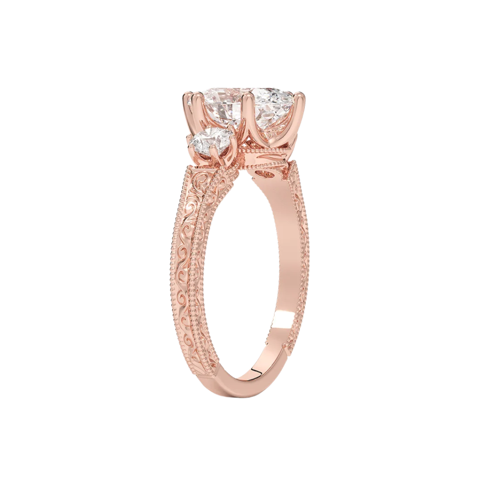 Trilogy (Round Side Stones) Vintage Lab Diamond Engagement Ring in 18K Gold - Oval