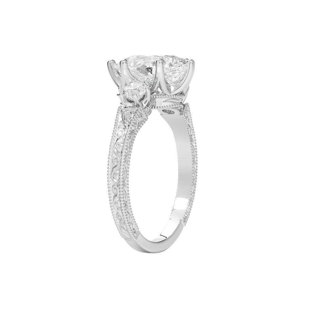 Vintage Engraved Pear Cut Three-Stone Engagement Ring in Solid Gold⁠
