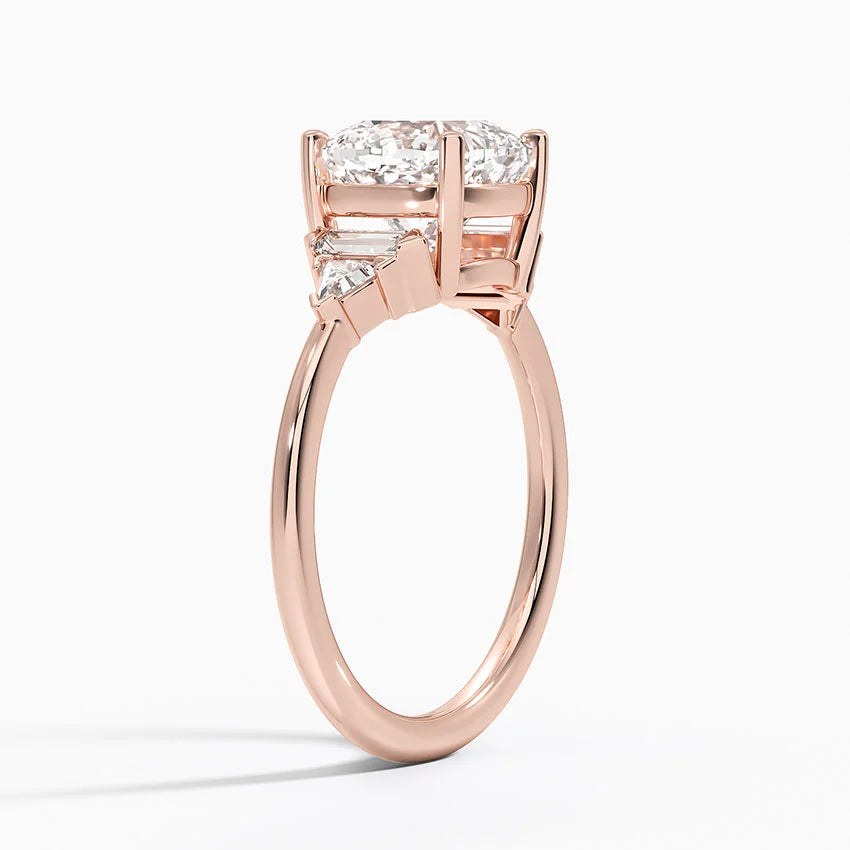 Violet Accents (Baguette and Trillion Side Stones) Lab Diamond Ring in 18K Gold - Cushion