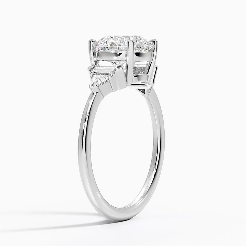 Violet Accents (Baguette and Trillion Side Stones) Round Lab Diamond Ring in 18K Gold - Round