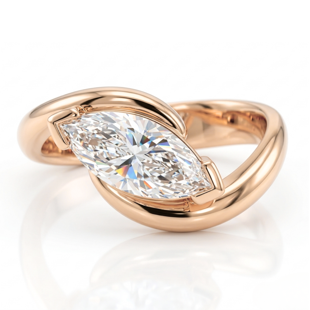 Velora Eye Curved Lab Diamond Engagement Ring Set (2 Rings) in 18K Gold - Marquise
