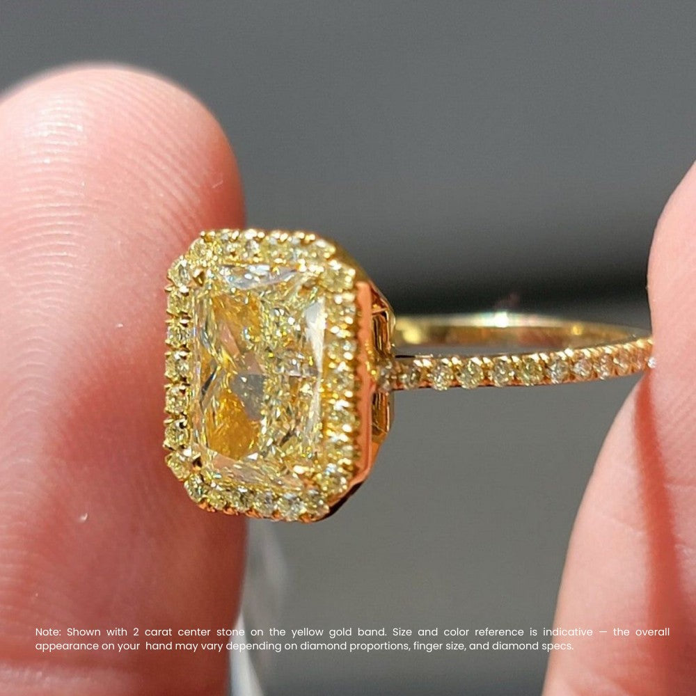 18K Solid Gold Fancy Yellow Radiant Halo Pavé Lab Diamond Ring
