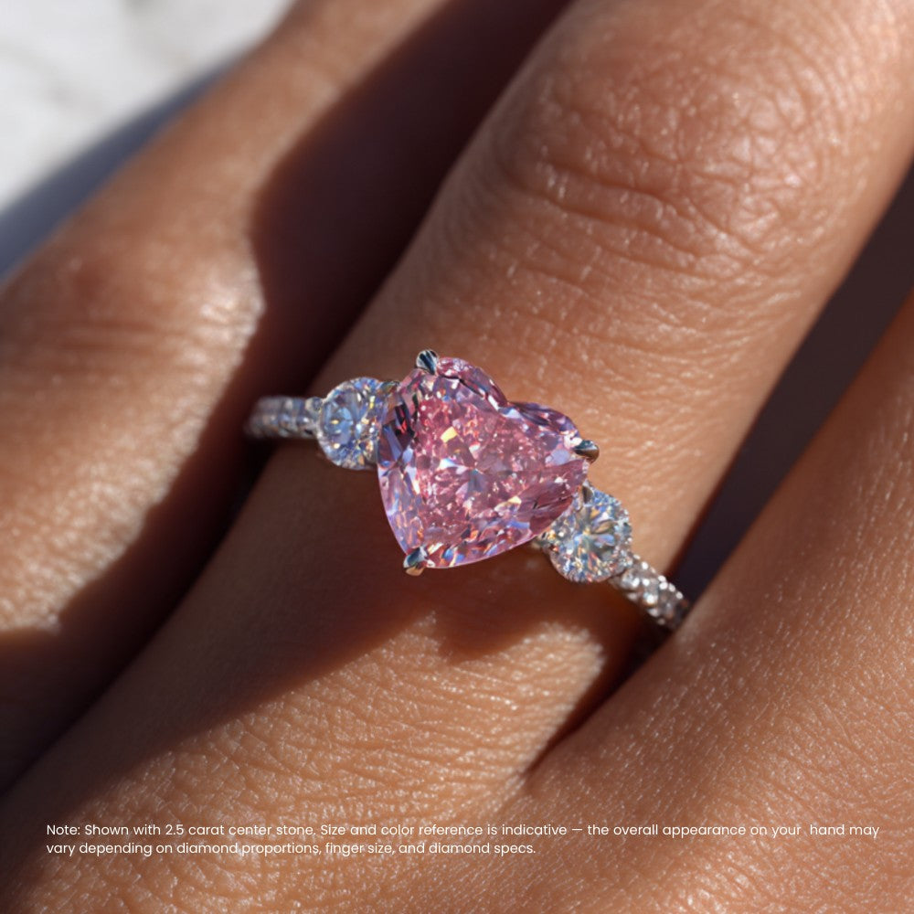 18K Solid Gold Pink Heart Round Side Trilogy Ring