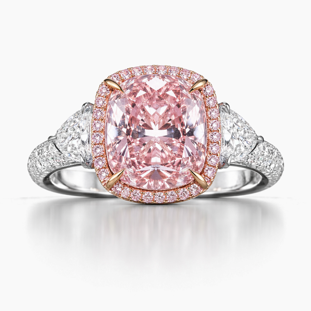 18K Solid Gold Stephania Fancy Pink Cushion Halo Trilogy Lab Diamond Ring