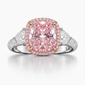 18K Solid Gold Stephania Fancy Pink Cushion Halo Trilogy Lab Diamond Ring