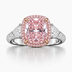 18K Solid Gold Stephania Fancy Pink Cushion Halo Trilogy Lab Diamond Ring