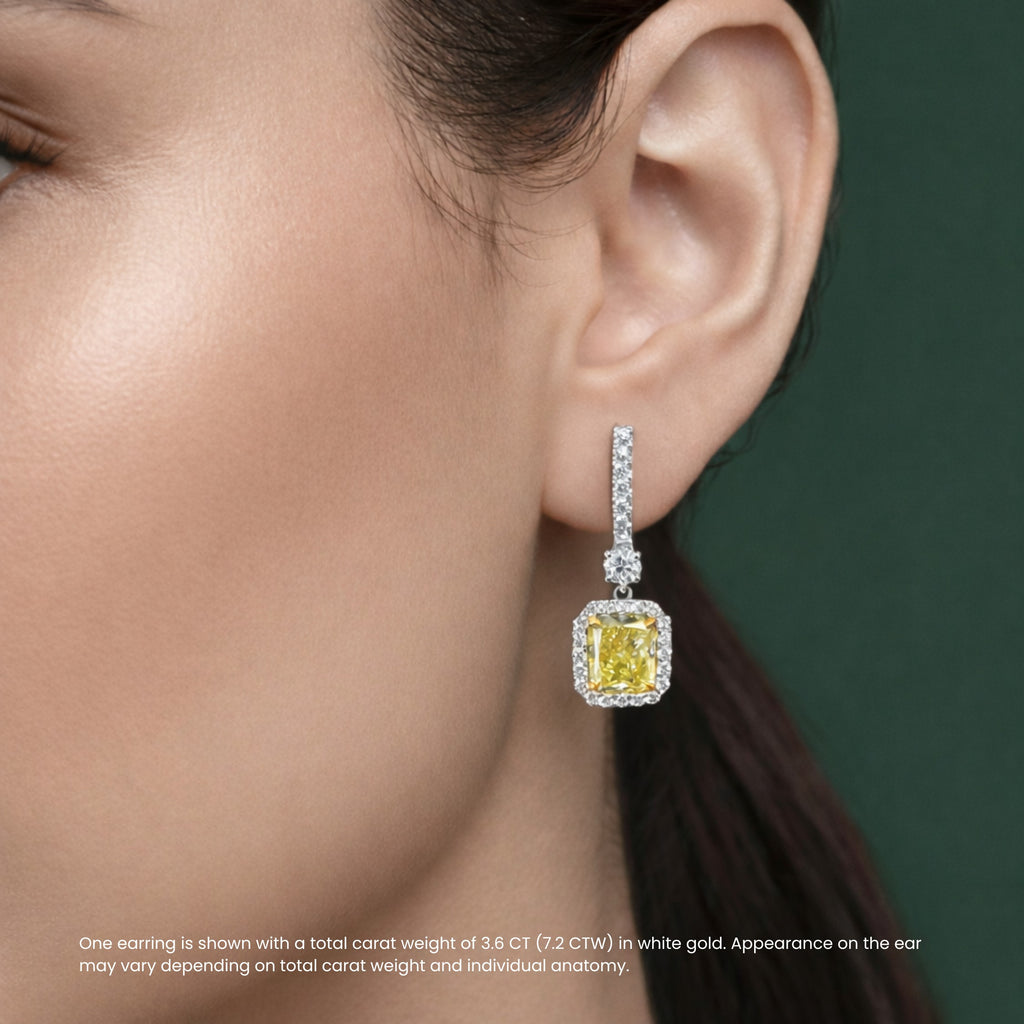 18K Solid Gold Angelica Halo Yellow Radiant Lab Grown Diamond Drop Earrings 7.2 Carat Total Weight