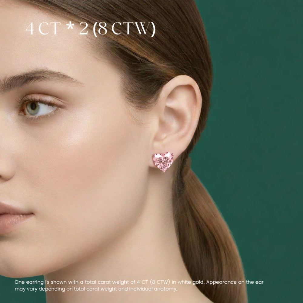 18K Solid Gold Pink Heart 8 Carat Lab Diamond Stud Earrings Pair