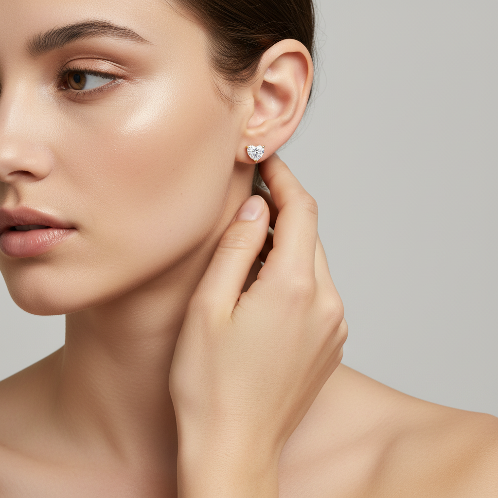 Heart Cut Diamond Stud Earrings in Solid Gold