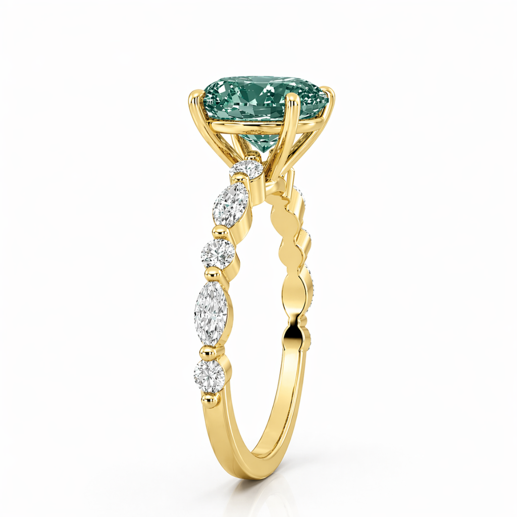 Forest Muse Unique Accents Fancy Green Lab Grown Diamond Engagement Ring in 18K Gold - Oval