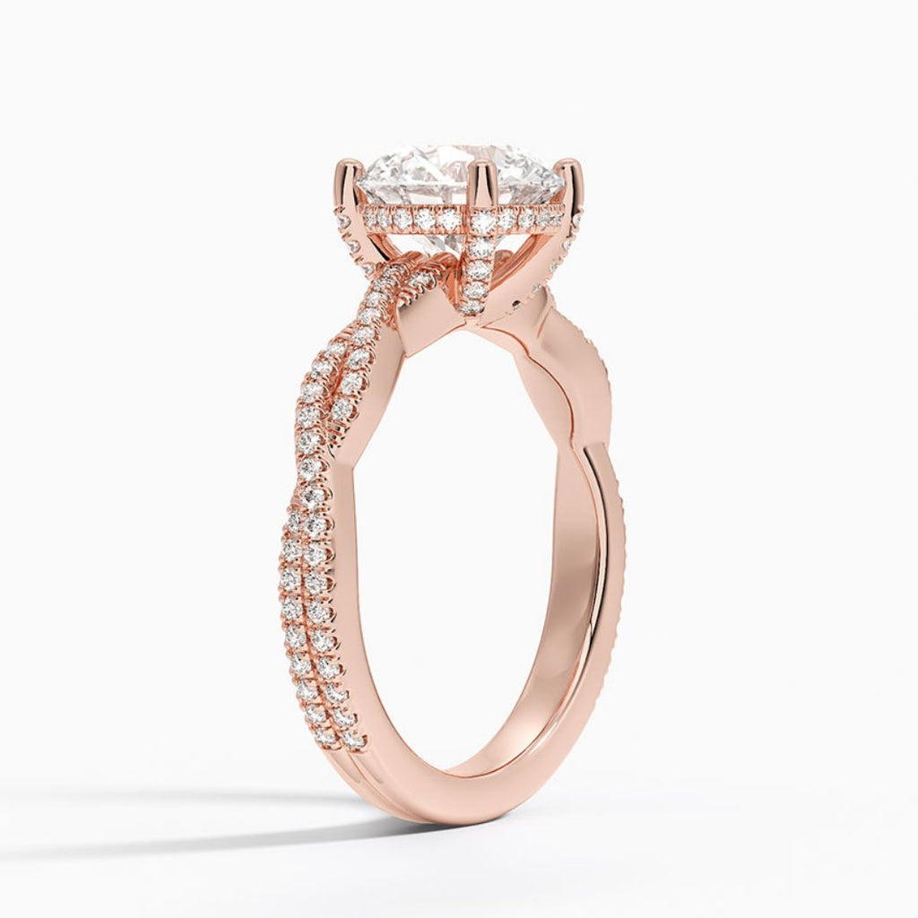 Twisted Pave Hidden Halo Accents Round Lab Diamond Engagement Ring in 18K Gold