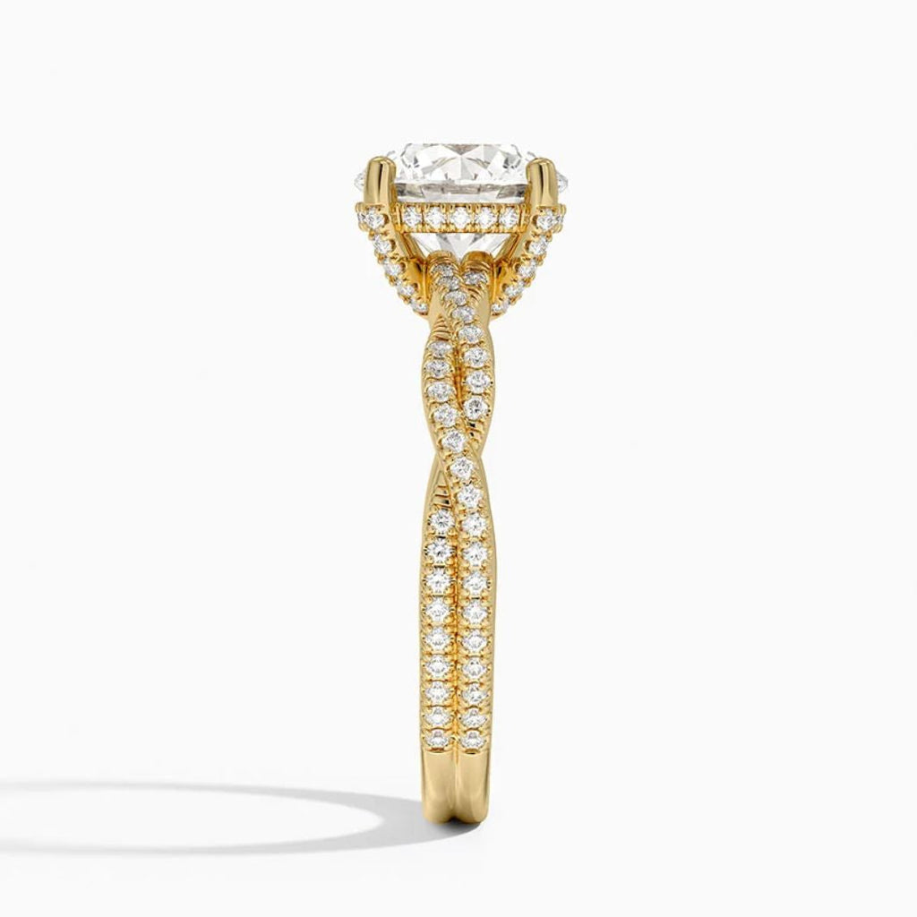 Twisted Pave Hidden Halo Accents Round Lab Diamond Engagement Ring in 18K Gold