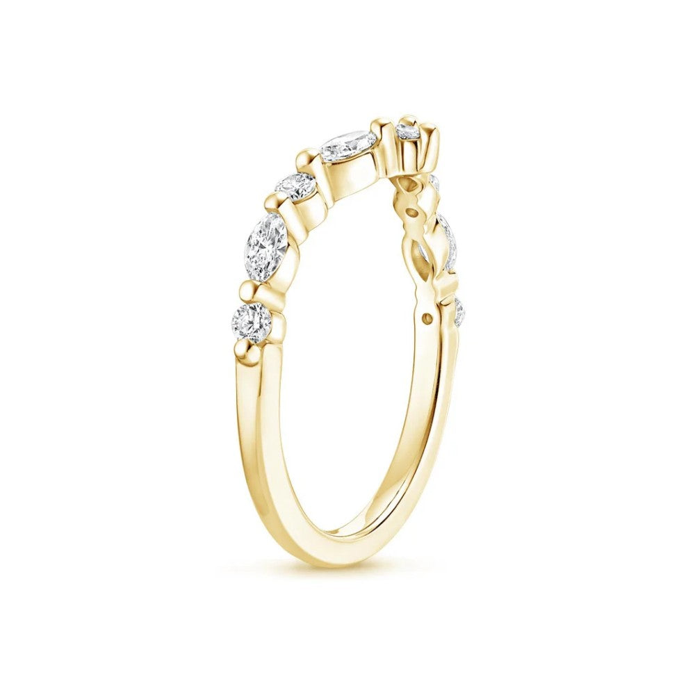 Round Cut Solitaire with Curved Marquise Diamond Chevron Bridal Ring Set in Solid Gold