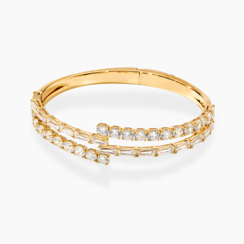18K Solid Gold Baguette and Round Lab Grown Diamond Open Bangle Bracelet