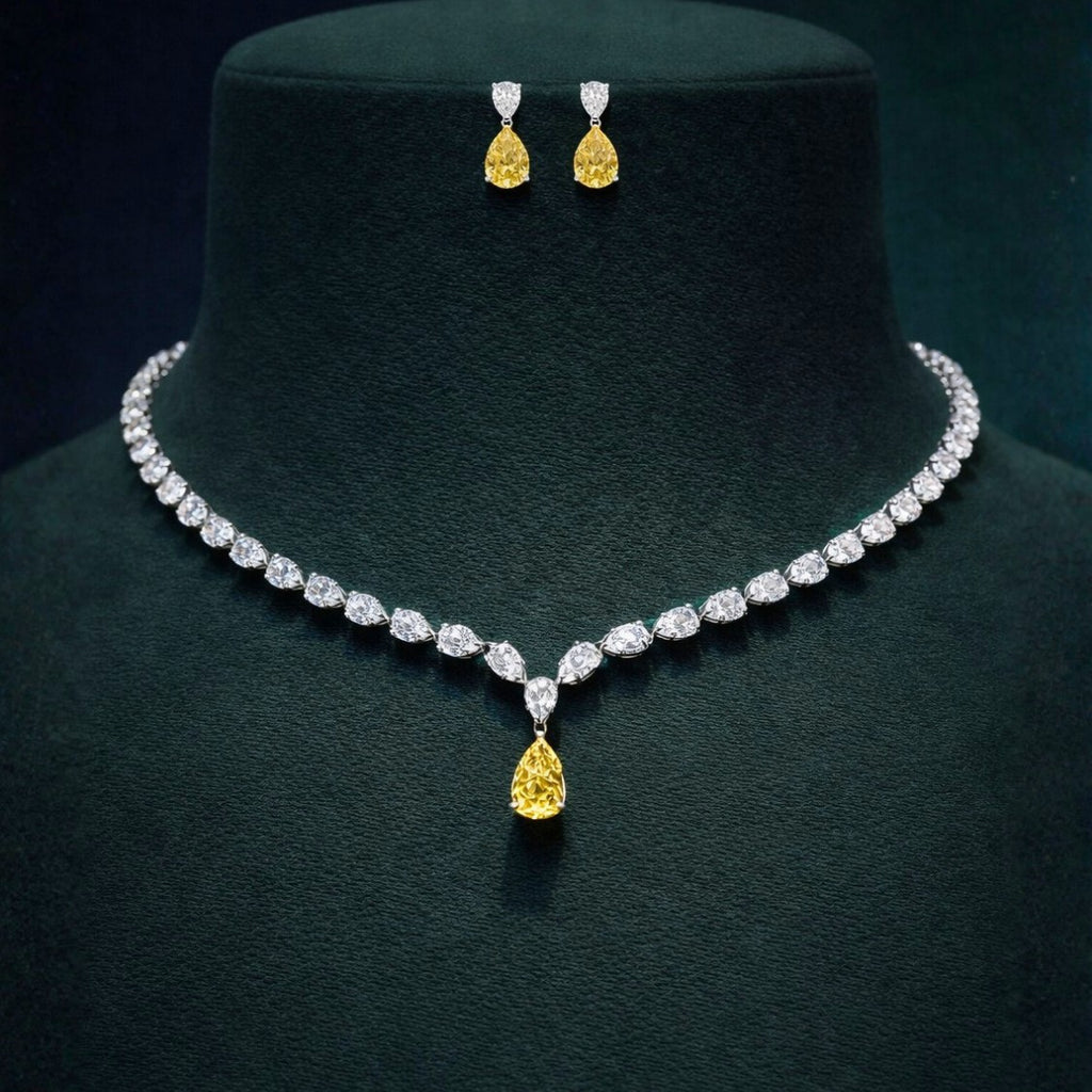 Yellow Pear Diamond Drop Bridal Necklace and Earrings Set⁠