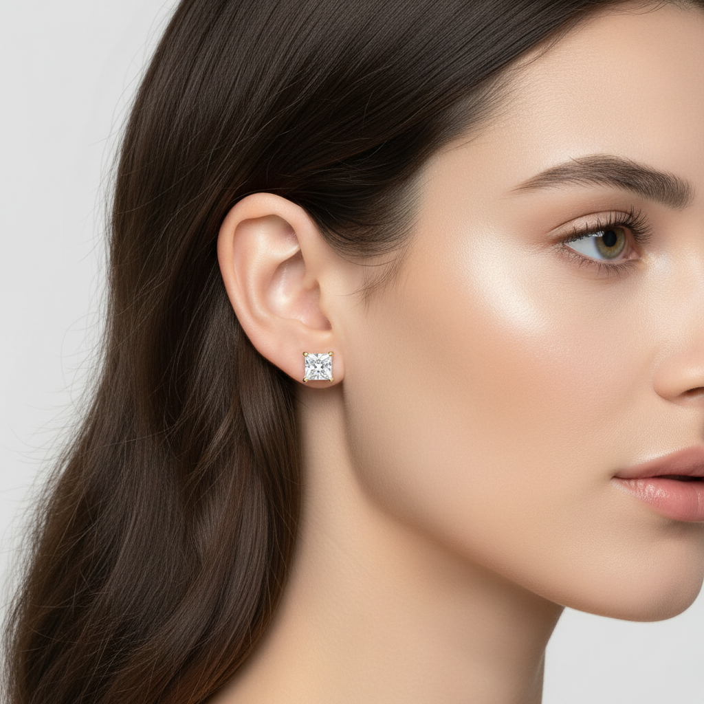 Princess Cut Diamond Stud Earrings in Solid Gold