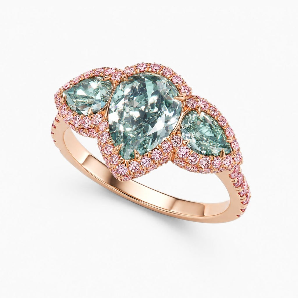 18K Solid Gold Aphrodite Fancy Green Pear Halo Trilogy Lab Diamond Ring