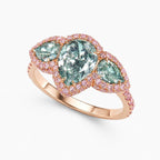 18K Solid Gold Aphrodite Fancy Green Pear Halo Trilogy Lab Diamond Ring