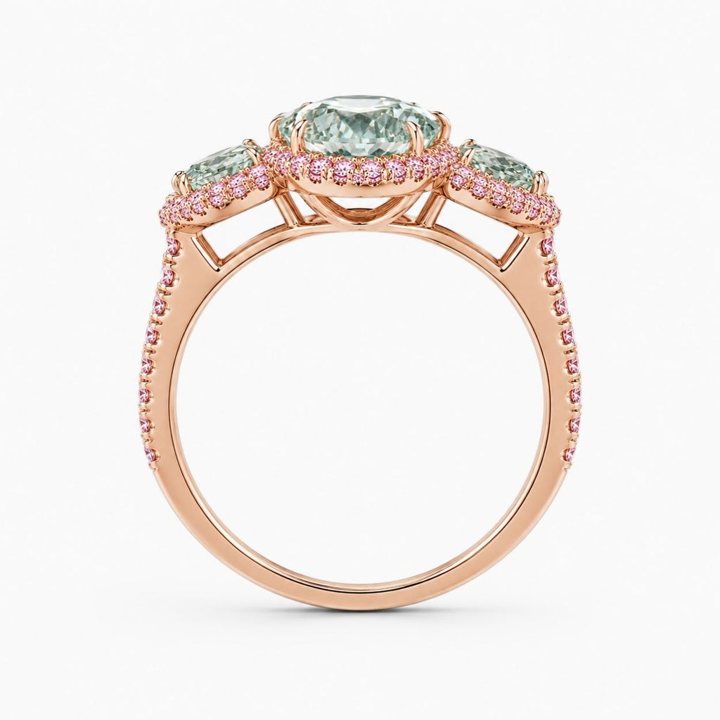 18K Solid Gold Aphrodite Fancy Green Pear Halo Trilogy Lab Diamond Ring