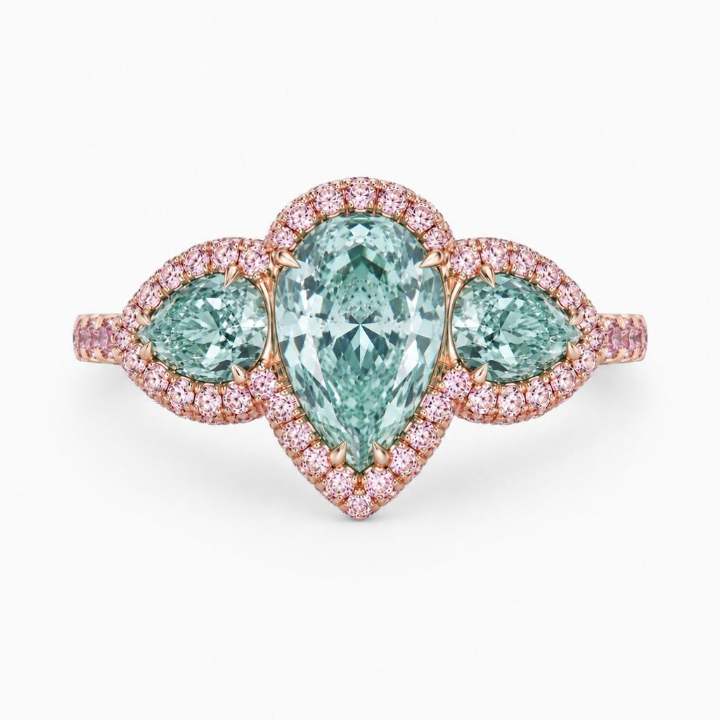 18K Solid Gold Aphrodite Fancy Green Pear Halo Trilogy Lab Diamond Ring