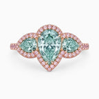 18K Solid Gold Aphrodite Fancy Green Pear Halo Trilogy Lab Diamond Ring