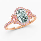 18K Solid Gold Athena Fancy Green Oval Halo Trilogy Lab Diamond Ring